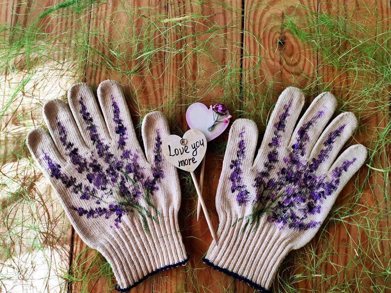 Gardening gloves new lavender Garden gloves for women Handpainted Plant lover gift Cotton gloves Plant mom gift Outdoor planter Mom presents image 1