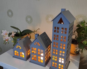 Lot de 3 maisons de village de Noël pour pendaison de crémaillère Maisons de Noël en bois avec lumières LED Décoration d'appartement Lighthouse Idées cadeaux pour la maison neuve