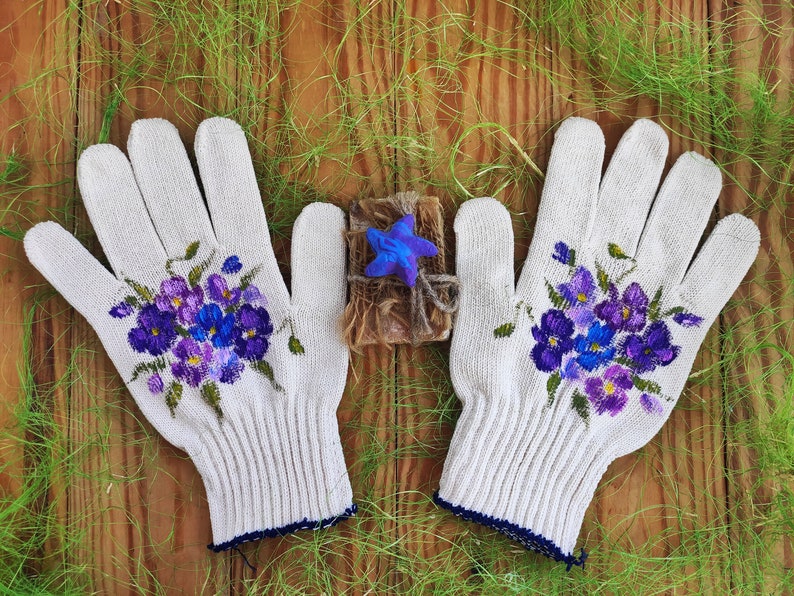 Gants de jardin Art de pensée Gants en coton Peints à la main, cadeau de belle-mère, cadeau pour amoureux des plantes, cadeaux pour maman, cadeau pour les amoureux du jardin, cadeaux d'anniversaire image 3