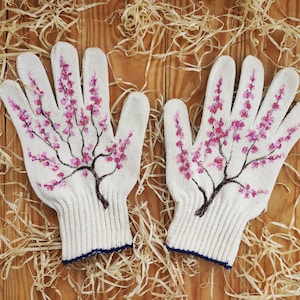 Garden gloves Handpainted Plant lover gift Sakura blossom Womens cotton gloves Plant mom gift Garden lovers gift Presents for mom image 1