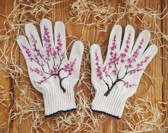 Garden gloves Handpainted Plant lover gift Sakura blossom Womens cotton gloves Plant mom gift Garden lovers gift Presents for mom