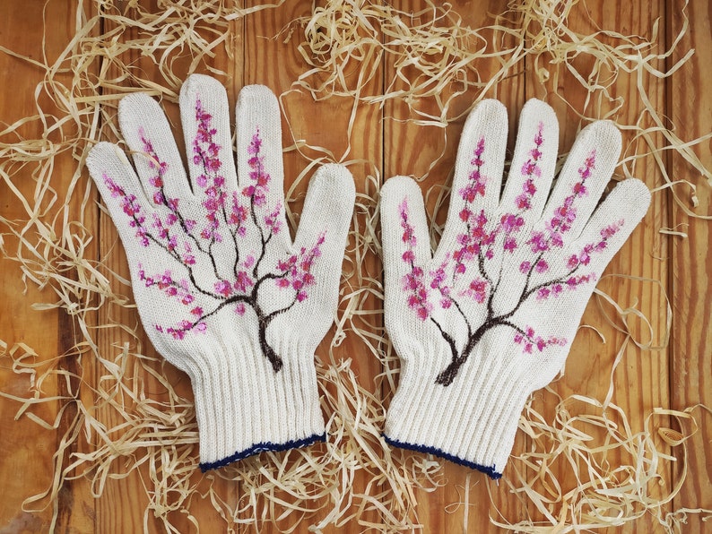 Garden gloves Handpainted Plant lover gift Sakura blossom Womens cotton gloves Plant mom gift Garden lovers gift Presents for mom image 1