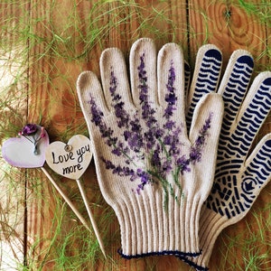 Trädgårdshandskar nya lavendel Trädgårdshandskar för kvinnor Handmålade växtälskare present Bomullshandskar Växtmamma present Utomhusplanter Mamma presenter bild 6