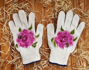 Garden gloves Handpainted Plant lover gift Womens cotton gloves Plant mom gift Garden lovers gift Outdoor planter Mom presents Bee flowers