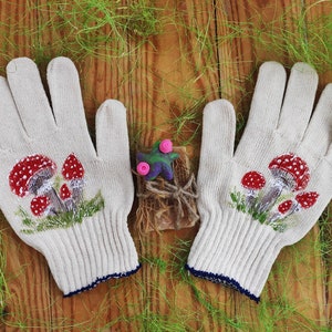 Garden gloves Mushroom decor Cotton gloves Handpainted Christmas presents Plant lover gift Mushroom art Garden lovers gift Birthday presents image 8