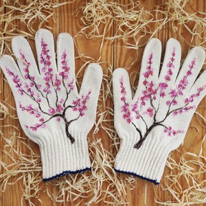 Garden gloves Handpainted Plant lover gift Sakura blossom Womens cotton gloves Plant mom gift Garden lovers gift Presents for mom 画像 8