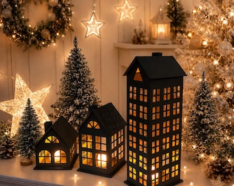 Christmas village houses Set of 3 Wooden Christmas Houses with LED Lights Xmas decorations Apartment decor Christmas presents Christmas town