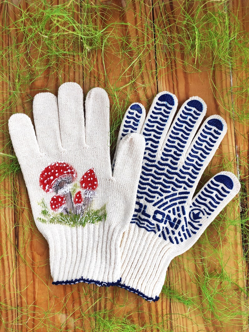Garden gloves Mushroom decor Cotton gloves Handpainted Christmas presents Plant lover gift Mushroom art Garden lovers gift Birthday presents image 7