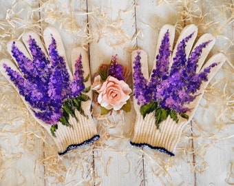 Gardening gloves Lilac Garden gloves for women Handpainted Plant lover gift Mother in law gift Cotton gloves Outdoor planter Mom presents