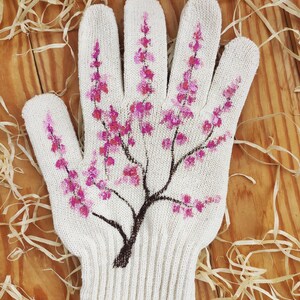 Garden gloves Handpainted Plant lover gift Sakura blossom Womens cotton gloves Plant mom gift Garden lovers gift Presents for mom 画像 3