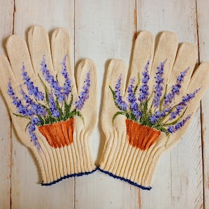 Gardening gloves Garden cotton gloves for women Lavender Handpainted Plant lover gift Garden working gloves Outdoor planter Mom presents