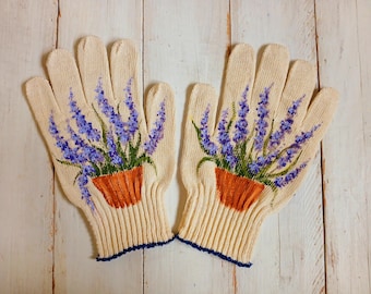 Gardening gloves Garden cotton gloves for women Lavender Handpainted Plant lover gift Garden working gloves Outdoor planter Mom presents