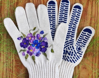 Guantes de jardín Pansy arte Guantes de algodón Pintado a mano Regalo de suegra Regalo amante de las plantas Mamá presenta Regalo de los amantes del jardín Regalos de cumpleaños