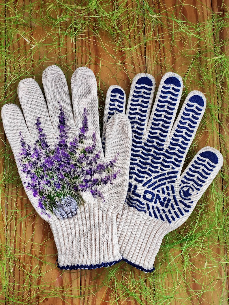 Gardening gloves Garden cotton gloves for women Lavender Handpainted Plant lover gift Christmas presents Outdoor planter Stepmom gift imagem 5