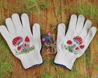 Gants de jardinage, cadeaux pour maman, gants en coton, champignons peints à la main, cadeaux pour grand-mère, cadeau pour les amateurs de jardin, cadeaux d'anniversaire pour les amoureux des plantes