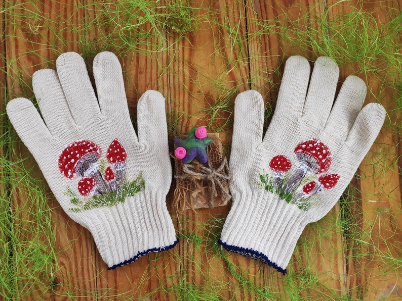 Garden gloves Mushroom decor Cotton gloves Handpainted Christmas presents Plant lover gift Mushroom art Garden lovers gift Birthday presents image 1