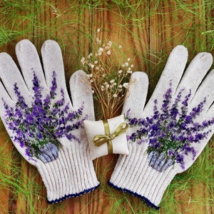 Gants de jardinage Gants de jardin en coton pour femme Cadeau pour amoureux des plantes peint à la main lavande Cadeaux de Noël Jardinière d'extérieur Cadeau belle-mère image 3