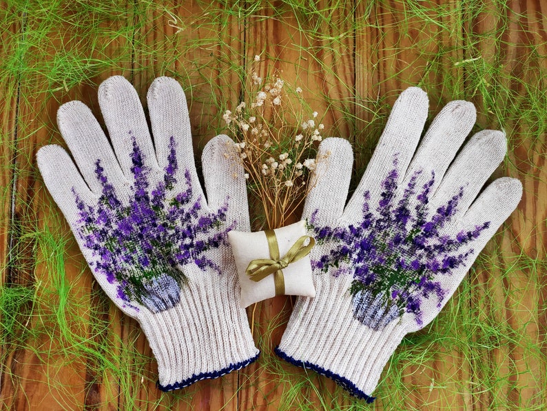 Gardening gloves Garden cotton gloves for women Lavender Handpainted Plant lover gift Christmas presents Outdoor planter Stepmom gift image 3