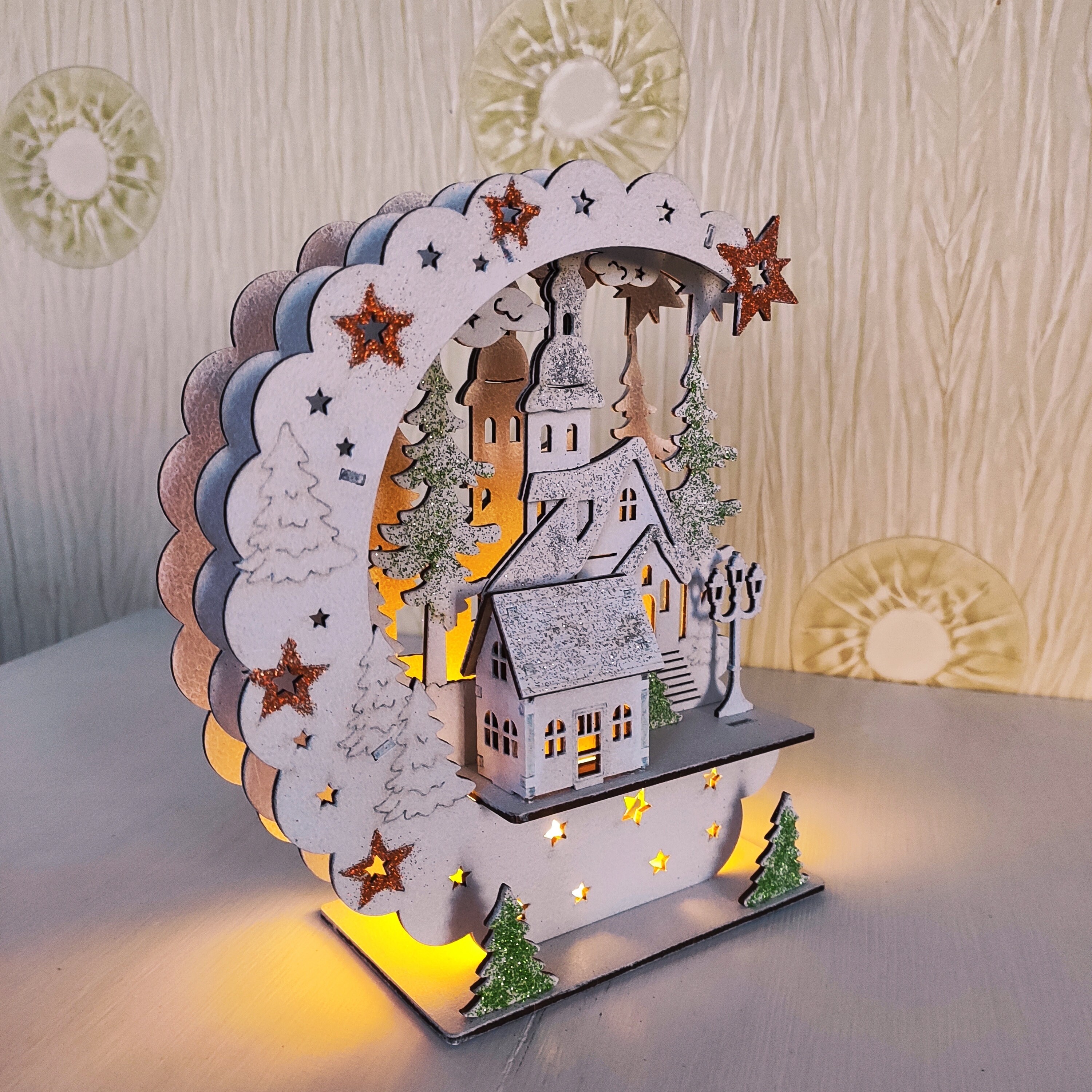 クリスマスビレッジハウス LEDライト付き木製クリスマスハウス 