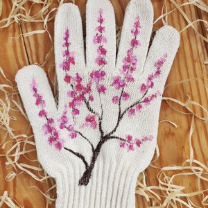 Garden gloves Handpainted Plant lover gift Sakura blossom Womens cotton gloves Plant mom gift Garden lovers gift Presents for mom 画像 7