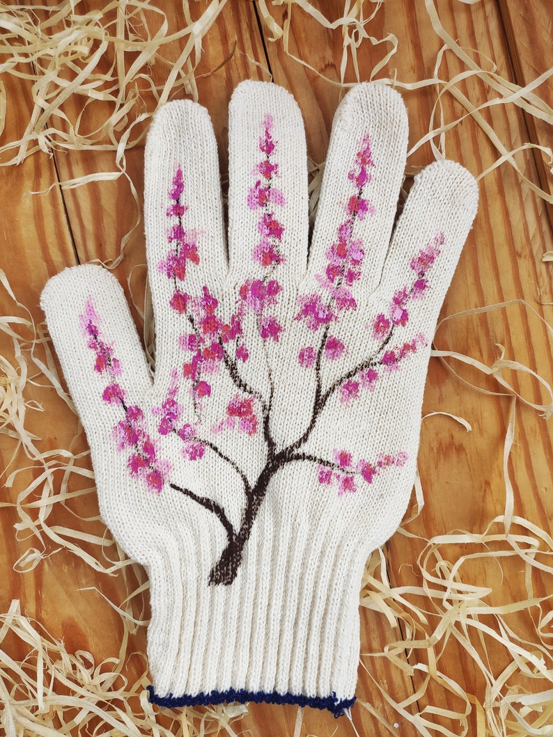Garden gloves Handpainted Plant lover gift Sakura blossom Womens cotton gloves Plant mom gift Garden lovers gift Presents for mom 画像 7