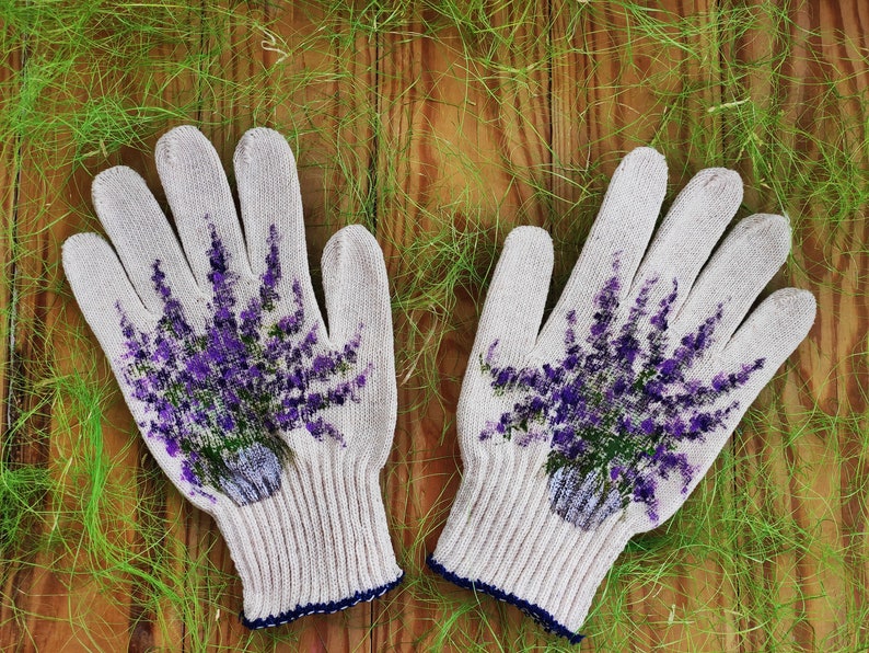 Gardening gloves Garden cotton gloves for women Lavender Handpainted Plant lover gift Christmas presents Outdoor planter Stepmom gift imagem 7