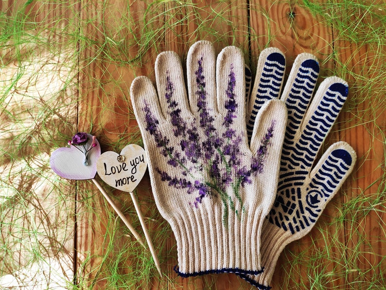 Gardening gloves new lavender Garden gloves for women Handpainted Plant lover gift Cotton gloves Plant mom gift Outdoor planter Mom presents image 5
