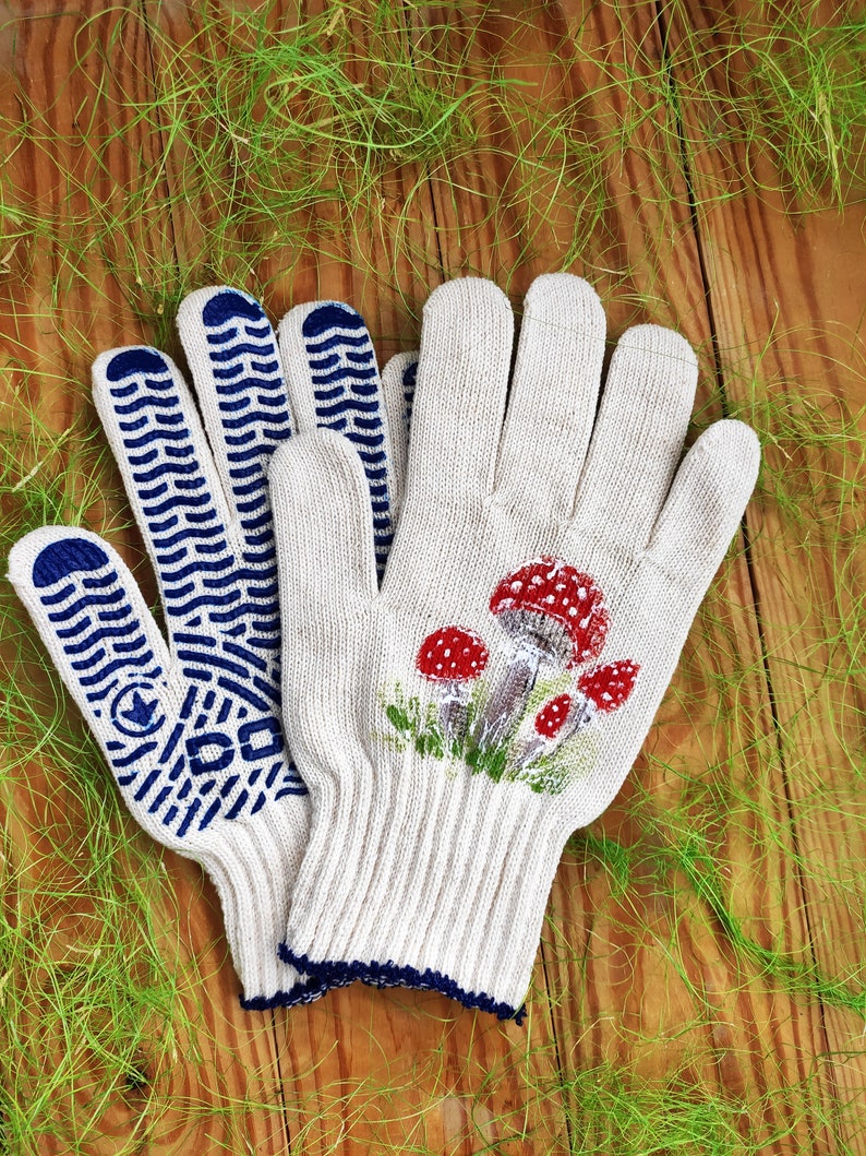 Garden gloves Mushroom decor Cotton gloves Handpainted Christmas presents Plant lover gift Mushroom art Garden lovers gift Birthday presents image 9