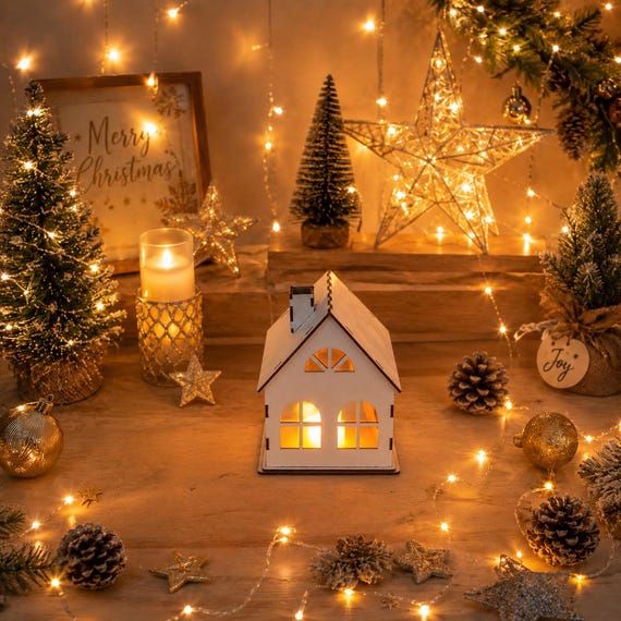 Weihnachtsdorfhäuser, hölzernes Weihnachtshaus mit LED-Beleuchtung, Tischdekoration, Weihnachtsgeschenke, Puppenhaus-Weihnachtsbeleuchtung
