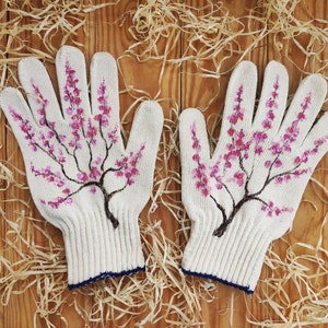 Garden gloves Handpainted Plant lover gift Sakura blossom Womens cotton gloves Plant mom gift Garden lovers gift Presents for mom 画像 5