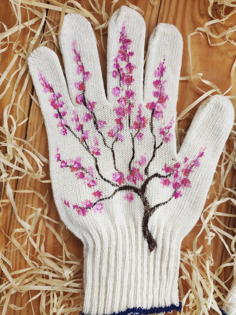 Garden gloves Handpainted Plant lover gift Sakura blossom Womens cotton gloves Plant mom gift Garden lovers gift Presents for mom 画像 6