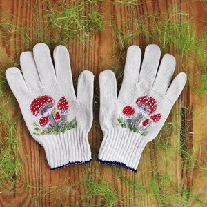 Garden gloves Mushroom decor Cotton gloves Handpainted Christmas presents Plant lover gift Mushroom art Garden lovers gift Birthday presents image 4