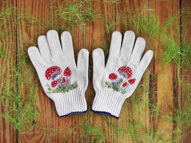 Garden gloves Mushroom decor Cotton gloves Handpainted Christmas presents Plant lover gift Mushroom art Garden lovers gift Birthday presents image 4