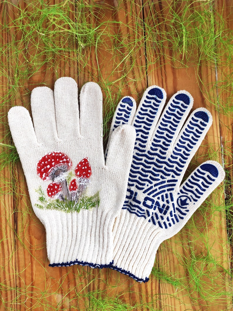 Garden gloves Mushroom decor Cotton gloves Handpainted Christmas presents Plant lover gift Mushroom art Garden lovers gift Birthday presents image 2