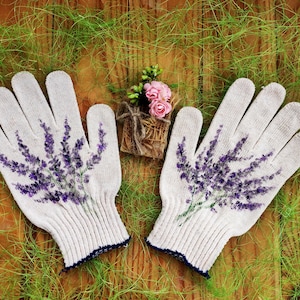 Gardening gloves lavender Garden cotton gloves for women Handpainted Plant lover gift Christmas presents Outdoor planter Neighbor gift