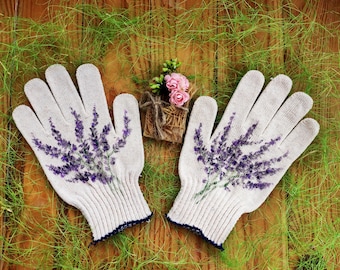 Gardening gloves lavender Garden cotton gloves for women Handpainted Plant lover gift Christmas presents Outdoor planter Neighbor gift