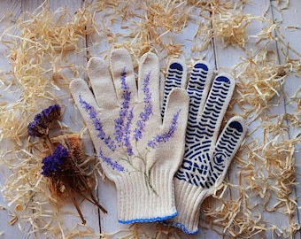 Gardening gloves lavender Garden gloves for women Handpainted Plant lover gift Cotton gloves Birthday presents Outdoor planter Mom presents
