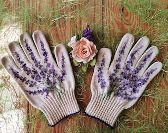 Gants de jardinage Lavande, cadeaux pour maman Gants de jardinage peints à la main, cadeau pour amoureux des plantes, gants en coton, jardinière d'extérieur, cadeaux de fête des mères