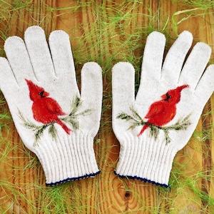 Christmas presents for friends Red Cardinal gardening gloves Garden cotton gloves Floral Handpainted Plant lover gift Outdoor planter