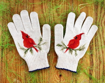 Christmas presents for friends Red Cardinal gardening gloves Garden cotton gloves Floral Handpainted Plant lover gift Outdoor planter