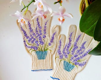 Gardening gloves Garden cotton gloves for women Lavender Handpainted Plant lover gift Easter basket  gifts Outdoor planter Stepmom gift