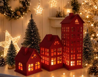 LEDライト付きホワイト木製クリスマスビレッジセット - Etsy 日本