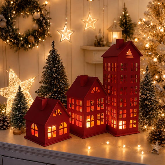 Weihnachtsdorf-Häuser, 3er-Set Holzhäuser mit LED-Beleuchtung, Weihnachtsdekoration, kreative Heimdekoration, Weihnachtsgeschenk für Schwiegereltern