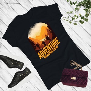 Adventure Begins Now Tee for Women – Trendy Hiking Shirt, Aesthetic Outdoorsy Vibes, Cute Mountain Explorer Gift| camping, trail life tee