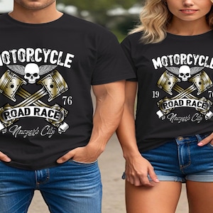 Motorcycle Road Race T-Shirt – Skull and Pistons Biker Tee,Vintage Moto Club Shirt,NYC Rider Graphic,Retro Racing Biker Gift,moto streetwear
