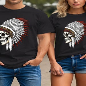 Indian Chief Skull T-Shirt: Tribal Biker Gothic Tee