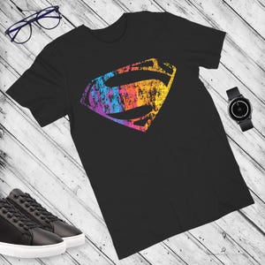 Comic Hero T Shirt for Him – Distressed S Emblem Tee, Colorful Grunge Super Symbol Shirt, Bold Vintage Comic Graphic Tee