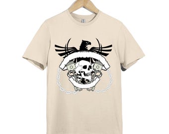 Skull Pistons Chain T-Shirt: Biker Garage Mechanic Tee