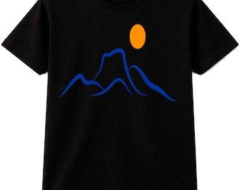 Camiseta minimalista de montaña: Camiseta gráfica con estampado de puesta de sol para hombre y mujer.