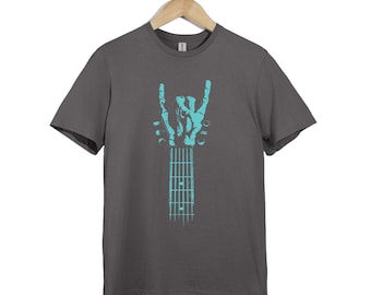 Camiseta con guitarra esqueleto, camiseta de música rock con manos, camiseta unisex para músicos de metal